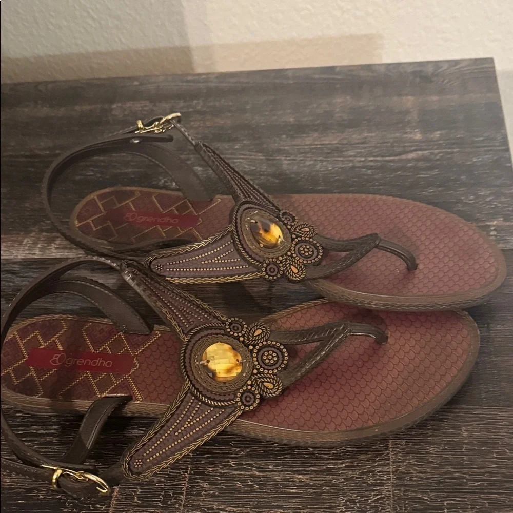 Dark Brown Sandals with Gold Accents
